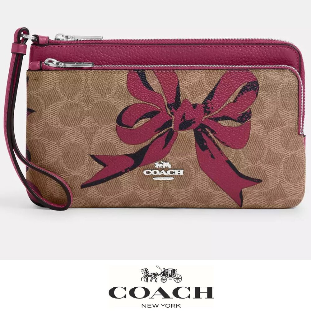 🎁 Coach Double Zip Wallet In Signature Canvas With Bow Print